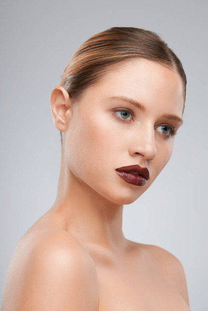 Beautiful lady posing with brown lipstick. Beauty photography - Photo, Image