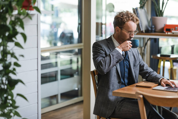curly businessman in formal wear and glasses using laptop and drinking coffee in cafe - Фото, зображення