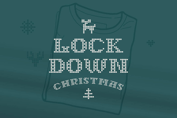 Lockdown Christmas lettering is made of thick round knits. Flat style sign with a set of bonus icons. Perfect for the 2022 New Year, Ugly Sweater Party, Christmas souvenirs design like a T-shrt. - Vector, Image