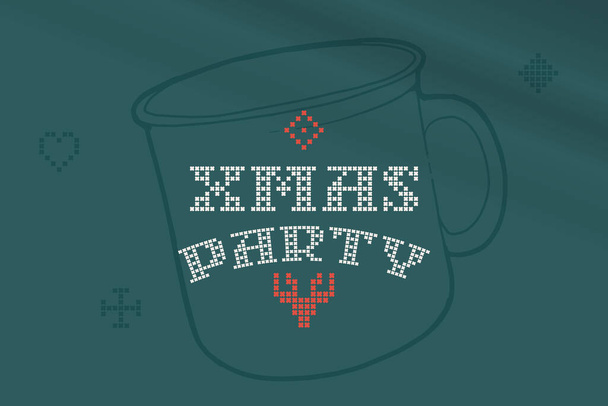 Xmas party lettering is made of thick round knits. Flat style sign with a set of bonus icons. Perfect for the 2022 New Year, Ugly Sweater Party, Christmas souvenirs design like a cup. - Vector, Image