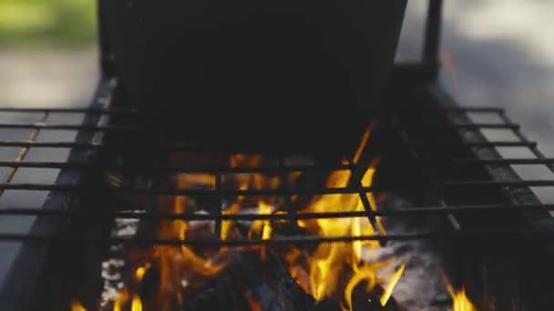 la olla se encuentra en un fuego ardiente, cocinar en un viaje de campamento, cocinar en una fogata en la naturaleza, actividades al aire libre, encender un fuego, deliciosas recetas de viaje, temporada de aventuras, cámara lenta - Metraje, vídeo