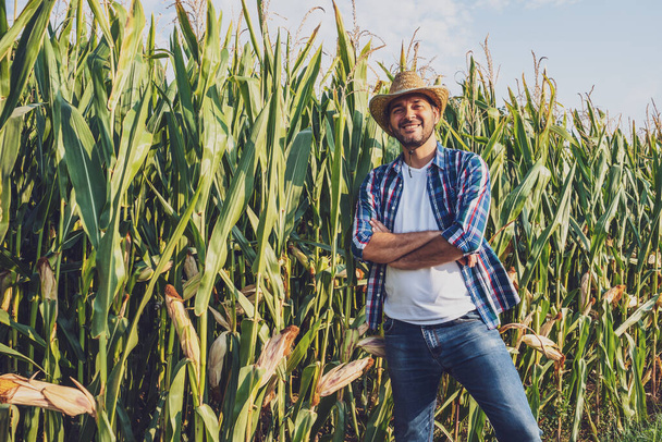 Feliz granjero está orgullosamente posando por su campo de maíz en crecimiento. - Foto, Imagen
