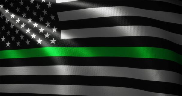 Vékony zöld vonal zászló, Amerikai Egyesült Államok zászló hullámzó redők, közelről, 3D renderelés - Fotó, kép