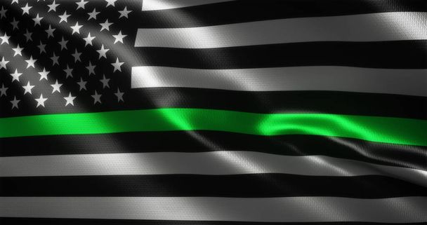 Vékony zöld vonal zászló, Amerikai Egyesült Államok zászló hullámzó redők, közelről, 3D renderelés - Fotó, kép