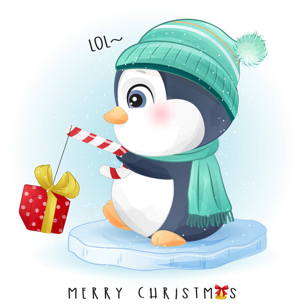 Niedlicher Doodle-Pinguin für frohe Weihnachten mit Aquarell-Illustration - Vektor, Bild