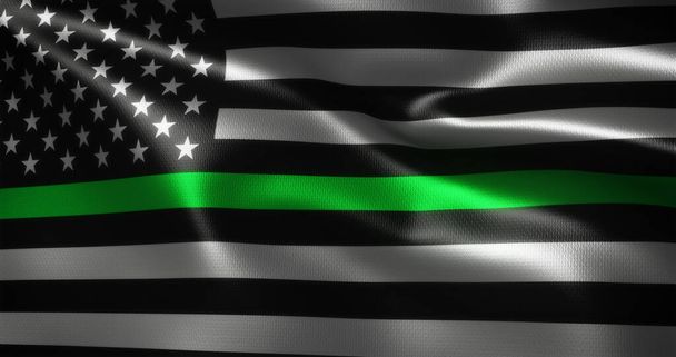Thin Green Line Flag, United States of America flag with waving folds, close up view, 3D rendering - Photo, Image