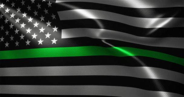 Флаг тонкой зеленой линии, флаг Соединенных Штатов Америки с размахивающимися складками, вид вблизи, 3D рендеринг - Фото, изображение