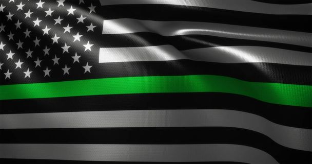 Drapeau mince de ligne verte, drapeau des États-Unis d'Amérique avec des plis ondulants, vue rapprochée, rendu 3D - Photo, image