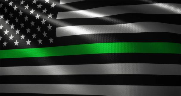 Drapeau mince de ligne verte, drapeau des États-Unis d'Amérique avec des plis ondulants, vue rapprochée, rendu 3D - Photo, image