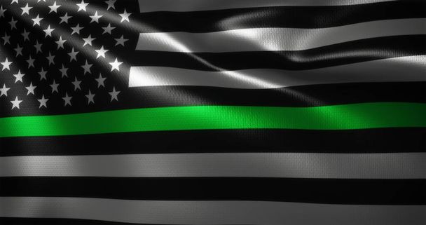 Bandeira Thin Green Line, bandeira dos Estados Unidos da América com dobras ondulantes, vista de perto, renderização 3D - Foto, Imagem