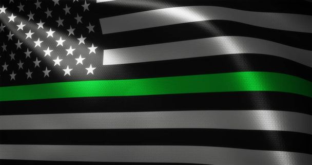 Флаг тонкой зеленой линии, флаг Соединенных Штатов Америки с размахивающимися складками, вид вблизи, 3D рендеринг - Фото, изображение