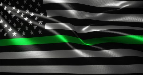Flaga Thin Green Line, flaga Stanów Zjednoczonych Ameryki z falującymi fałdami, widok z bliska, Rendering 3D - Zdjęcie, obraz