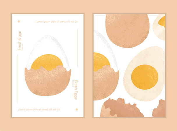 Βραστά αυγά, μισή και φέτες διάνυσμα χειροποίητη αφίσα έννοια. Υγιή βιολογικά τρόφιμα. Μαγειρεμένα νόστιμα αυγά κοτόπουλου. - Διάνυσμα, εικόνα