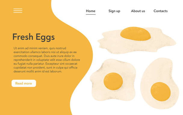 Gebratene Eier Vektor handgezeichnetes Landing Page Konzept. Gesunde biologische Lebensmittel. Leckere Hühnereier gekocht. - Vektor, Bild