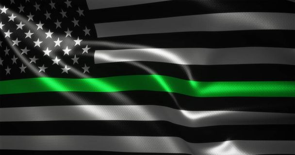 Thin Green Line Flag, United States of America flag with waving folds, close up view, 3D rendering - Photo, Image