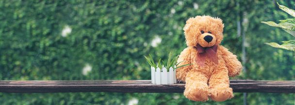 Banner Smiling Teddy bear best friends toy for kids. Panoramic Fluffy Brown Teddy Bear happy in green park. Happy fun friend fluffy cute toy doll sit on garden. Toy for kids childhood with copy space - Photo, Image