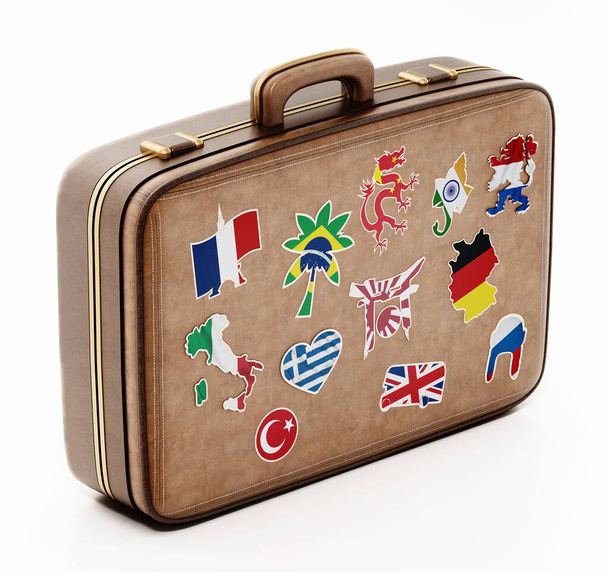 Vintage suitcase with stickers representing country symbols. 3D illustration. - Foto, immagini