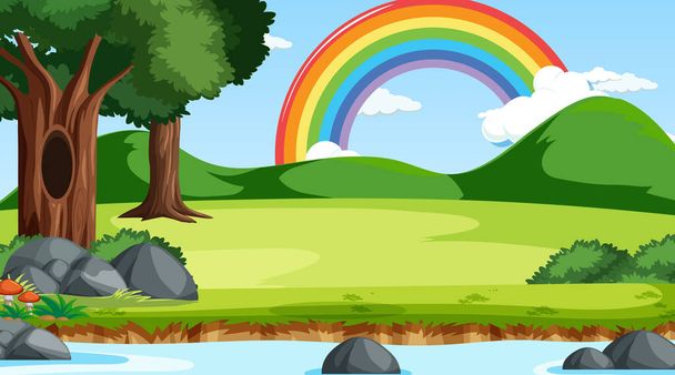 Scena naturalistica sfondo con arcobaleno nel cielo illustrazione - Vettoriali, immagini