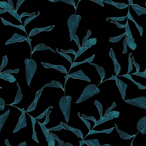 Fashionable seamless tropical pattern with blue tropical exotic leaves on a black background. Beautiful exotic plants. Trendy summer Hawaii print.  - Vektor, kép