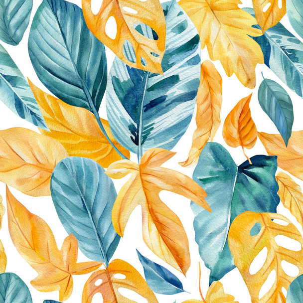 葉の水彩シームレスパターン。手で熱帯植物を描いた。花のイラスト｜デザイン、生地背景. - 写真・画像