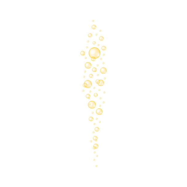 Golden bubbles streaming. Champagne, soda, beer, carbonated water, sparkling wine texture. Molecule of collagen, keratin, jojoba oil, vitamin A or E, omega fatty acids. Vector realistic illustration - Vector, Image