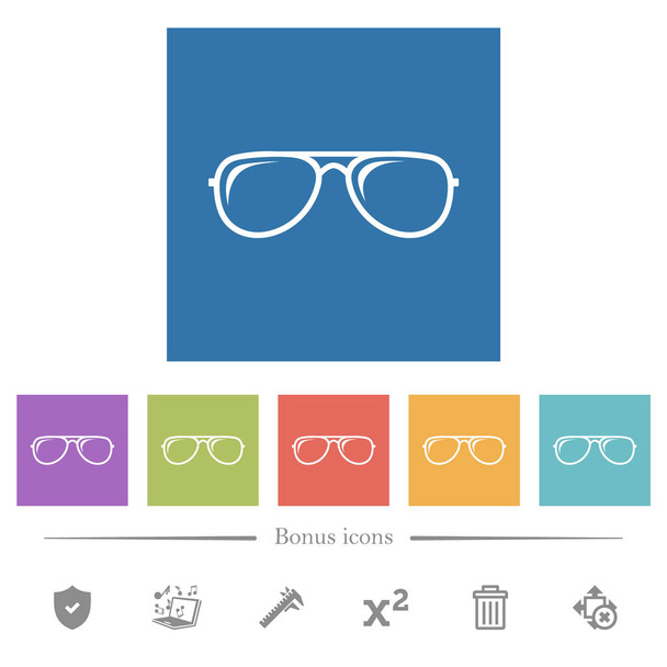 Glasses with glosses flat white icons in square backgrounds. 6 bonus icons included. - Vector, Image