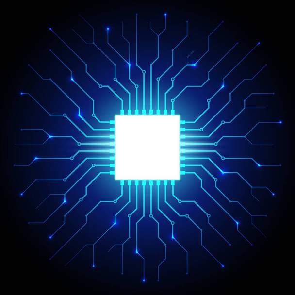 Abstract processor, computer digital chip, printed circuit board. Artificial intelligence. Dark blue technology background, template, design element for web banner, poster. Vector cyber graphics - Vector, imagen