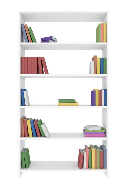 White bookcase with many different color books on bookshelves isolated on white, 3D illustration - Foto, imagen