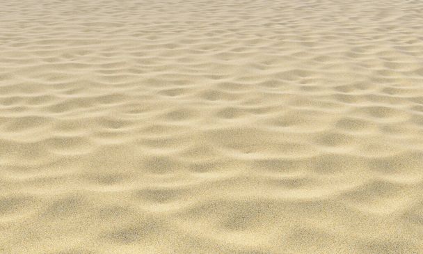 Yellow dry sand on the beach with bumps under bright summer sunlight close-up perspective view, nature 3D illustration background - 写真・画像