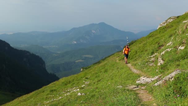 Самотній пішохід ходить по гірській стежці на висоті влітку
 - Кадри, відео