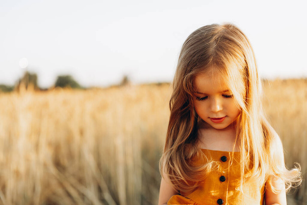 Very happy, smiling and positive little girl posing for a photo on a walk in the field - Fotoğraf, Görsel