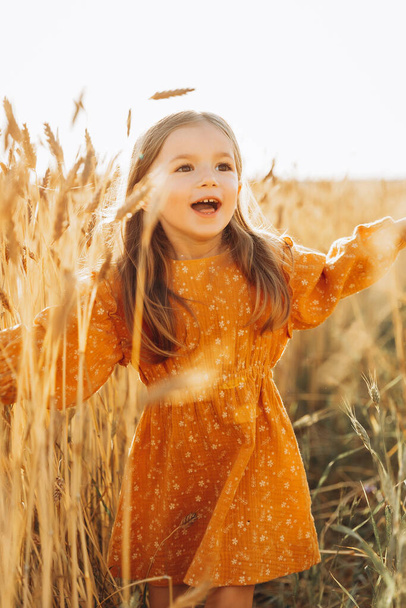 Very happy, smiling and positive little girl posing for a photo on a walk in the field - Φωτογραφία, εικόνα