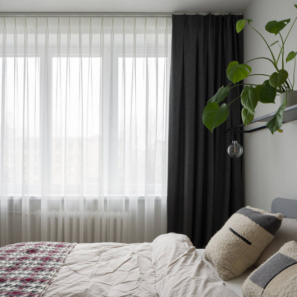 Small and bright bedroom with cozy bed, nice houseplant and big window with decorative curtains - Foto, Imagem