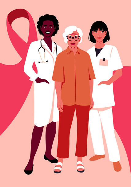 Dvě doktorky a pacientka stojí v plné délce s růžovými stuhami. Prevence onkologických onemocnění a karcinomu prsu. Vektorová plochá ilustrace - Vektor, obrázek