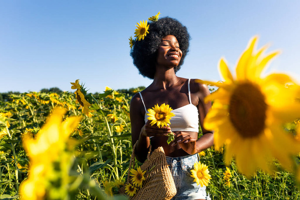 Beautiful afro-american woman with curly afro style hair in a sunflowers field - Foto, Bild