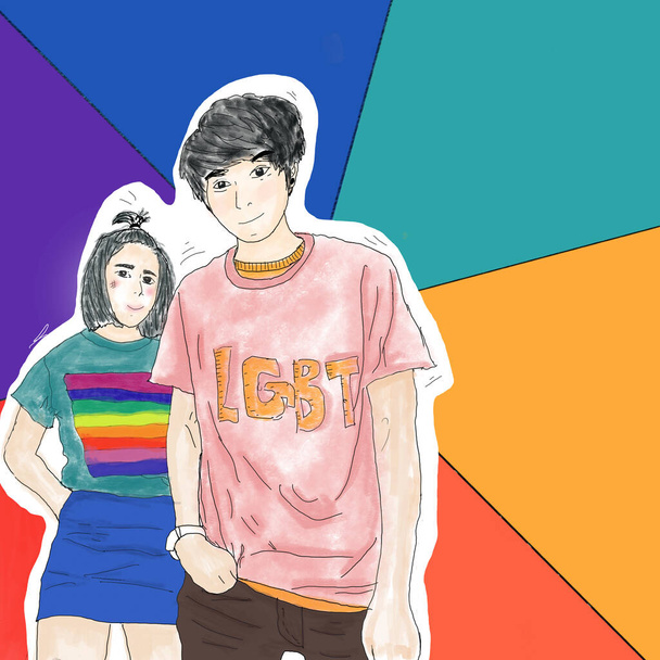 Pittura a mano, donna, lgbt, due persone, innamorate, con linee arcobaleno sullo sfondo. - Foto, immagini