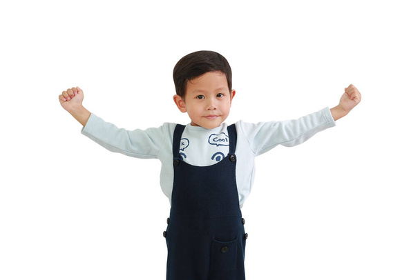 Strong Asian little boy raising hands up isolated on white background. Image with Clipping path - Φωτογραφία, εικόνα