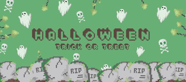 Trendikäs vihreä Happy Halloween banneri tai digitaalinen kutsu tausta retro 8 bittinen pikseli art style. Moderni vektoritaide halloween tausta aaveita, kalloja, hautoja ja hautoja. Vektoripelaajien suunnittelu - Vektori, kuva