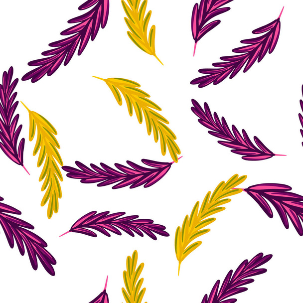 Geïsoleerd naadloos patroon met paars en geel willekeurig rozemarijn ornament. Witte achtergrond. Perfect voor stof ontwerp, textiel print, verpakking, cover. Vectorillustratie. - Vector, afbeelding