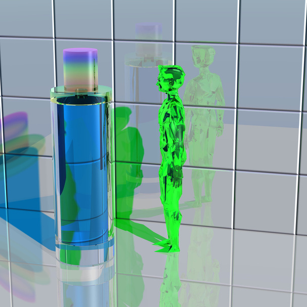 Alienígena verde olha para uma garrafa
  - Foto, Imagem