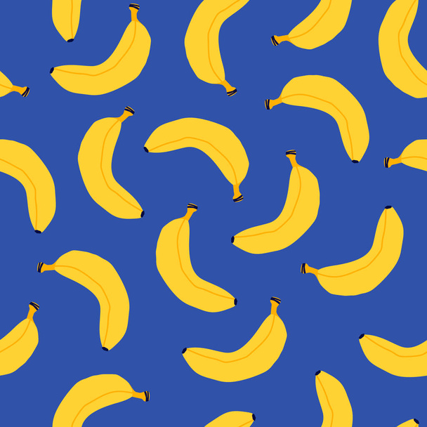 Seamless pattern with bananas. Seamless pattern with yellow bananas on blue background. Flat cartoon style. Tropical fruit. Healthy food. For postcards, wallpaper, textile and wrapping paper. - Vektor, Bild