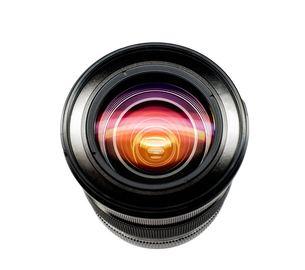 Fotocamera lens bovenaanzicht op witte achtergrond - Foto, afbeelding
