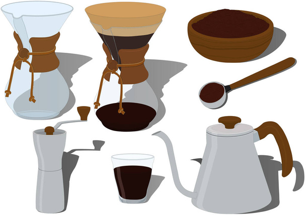 Chemex coffee maker with accessories collection vector illustration - Vector, Image
