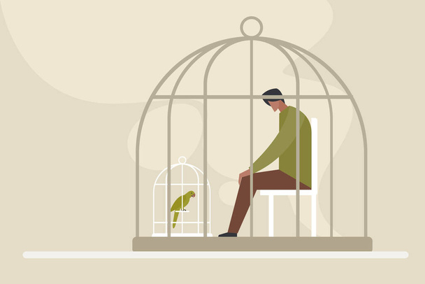 Fogalmi illusztráció egy ketrecben ülő férfiról, aki ketrecbe zárt madarat néz - Vektor, kép