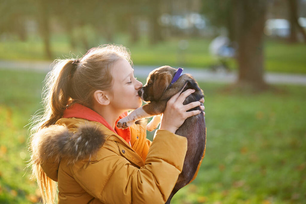 Cute girl spending time with favourite puppy. - 写真・画像