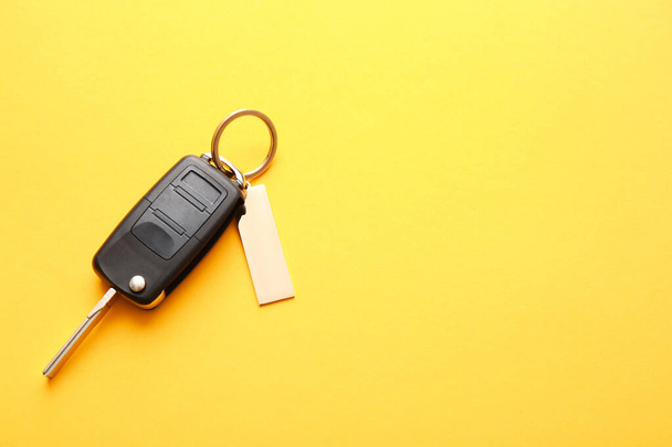 Renk arkaplanında şık anahtarlık olan araba anahtarı - Fotoğraf, Görsel
