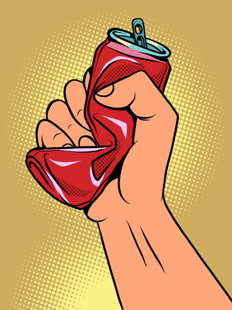 a hand crushes a tin can, the topic of ecology and garbage recycling. Container from the drink - Διάνυσμα, εικόνα