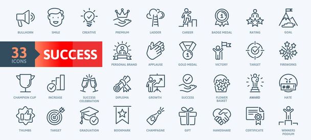 Web Set of Success, Goals and Target Related Vector Thin Line Icons. Contains such Icons as Achievment, Handshake, Victory and more. Outline icons collection. Simple vector illustration. - Vector, Image