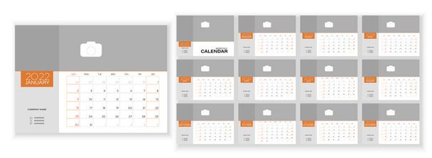 Escritorio Calendario mensual de fotos 2022. Simple calendario de fotos horizontal mensual Diseño para 2022 año en Inglés. Plantilla de calendario de portada y plantillas de 12 meses. La semana comienza el domingo. Ilustración vectorial - Vector, Imagen