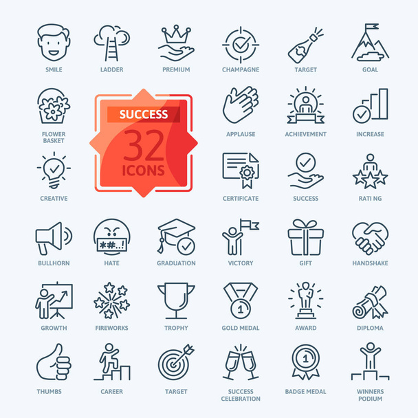 Web Set of Success, Goals and Target Related Vector Thin Line Icons. Contains such Icons as Achievment, Handshake, Victory and more. Outline icons collection. Simple vector illustration. - Vector, Image
